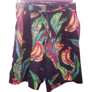Farm Rio Preta Banana Shorts Black Linen Multicolor Leaves Pockets Small